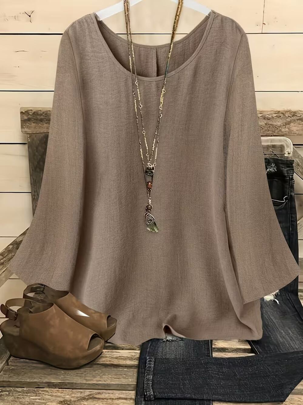 Women's Shirt XL Khaki Long Sleeve Plus Size Causal Crew New Loose Fit Classic